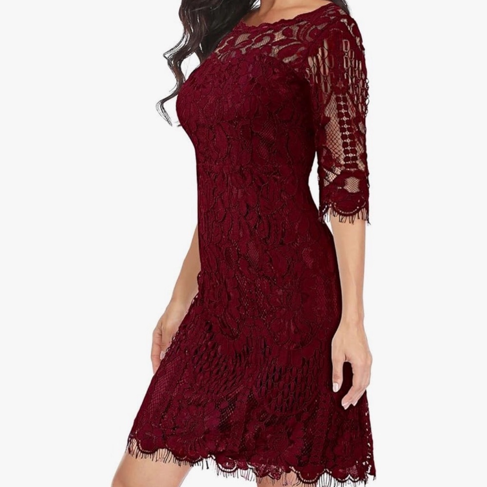 Burgundy Lace Midi Dress with Three-Quarter Sleeves Sz S